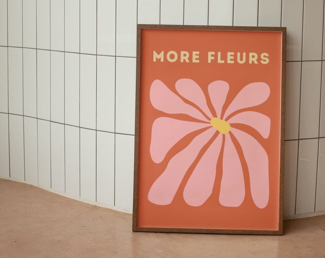 More Fleurs Pink Groovy Flower Poster on Terracotta Orange Background