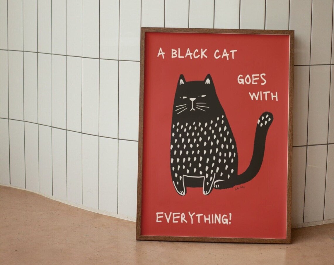 Black Cat Funny Cat Art Print, Cute Kitten Illustration