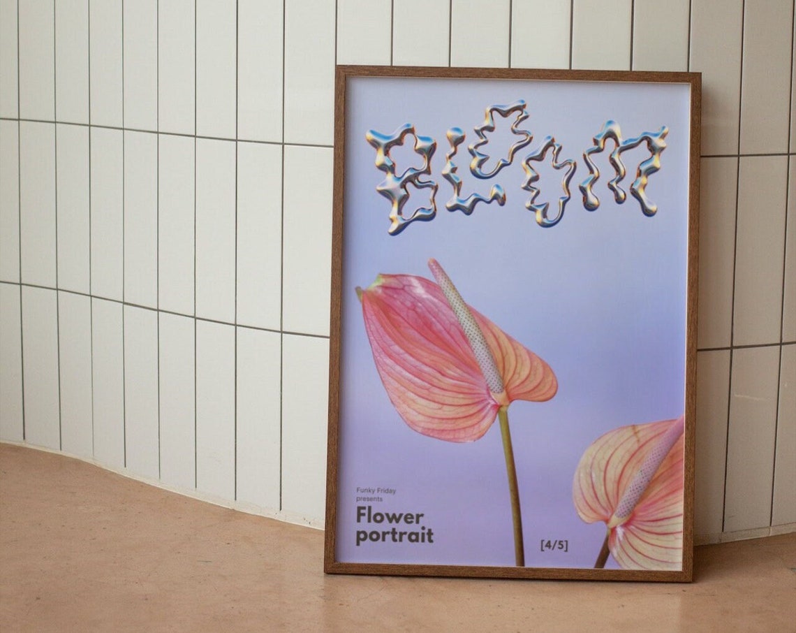 Bloom Chrome Y2K Flower Poster with Pink Anthurium Portrait Artwork