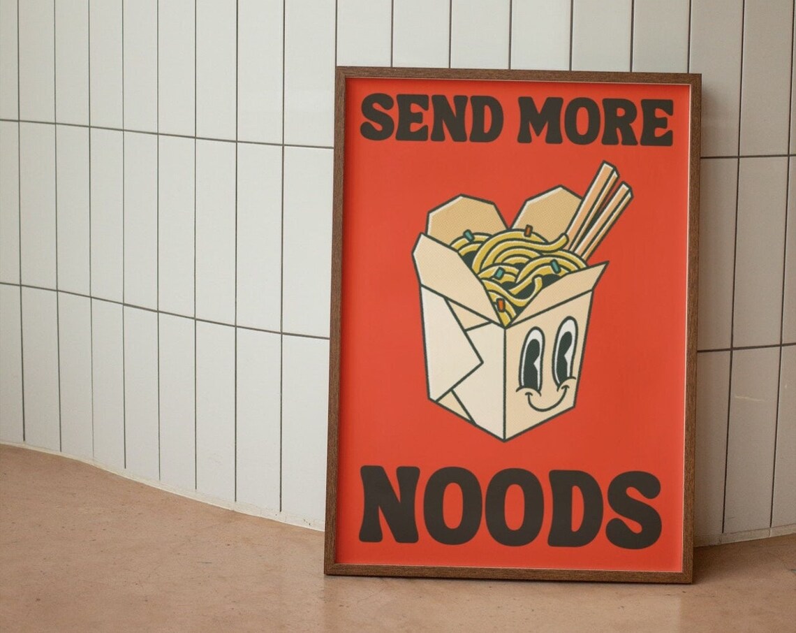 Red Send More Noods Cartoon Takeout Box Funny Kitchen Food Poster