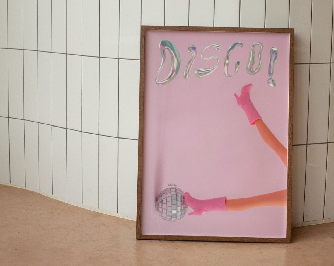 Pink Disco Chrome Bubble Letters Disco Ball Dance Wall Print