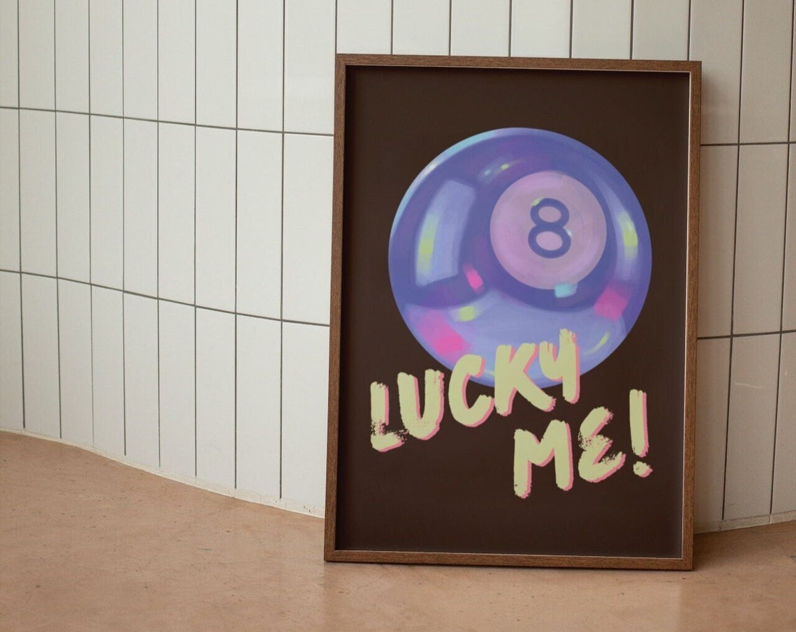 Purple Magic 8 Ball Lucky Me Retro Typography Statement Poster Art