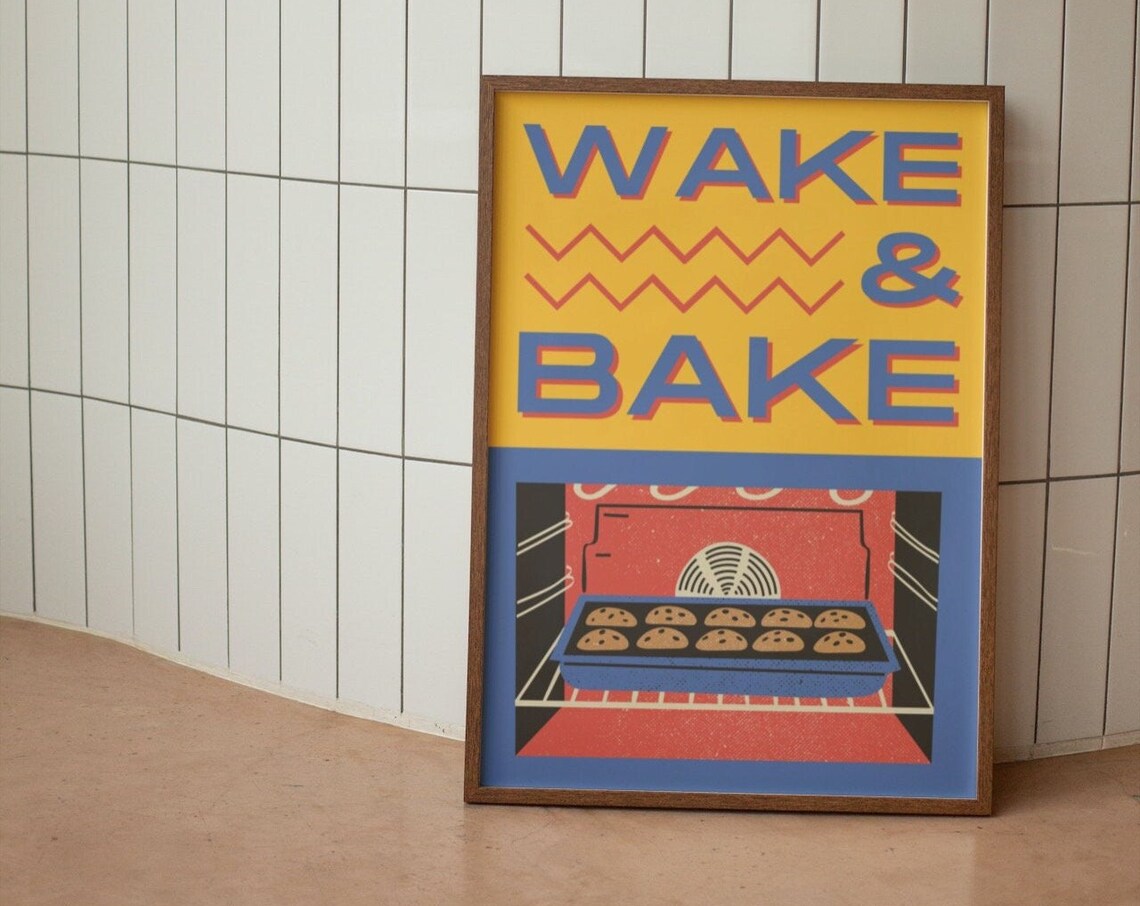 Funny Wake And Bake Kitchen Retro Wall Art Print