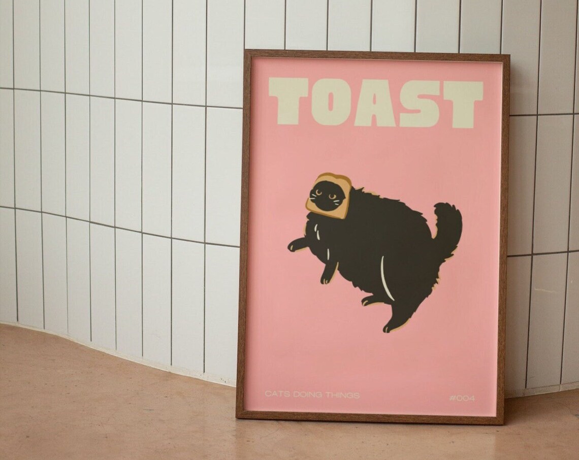 Pink Toast Cat Wall Print, Black Cat Lover Gift