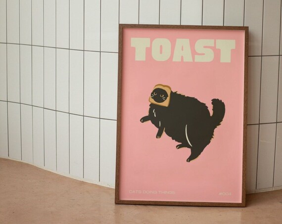 Pink Toast Cat Wall Print, Black Cat Lover Gift