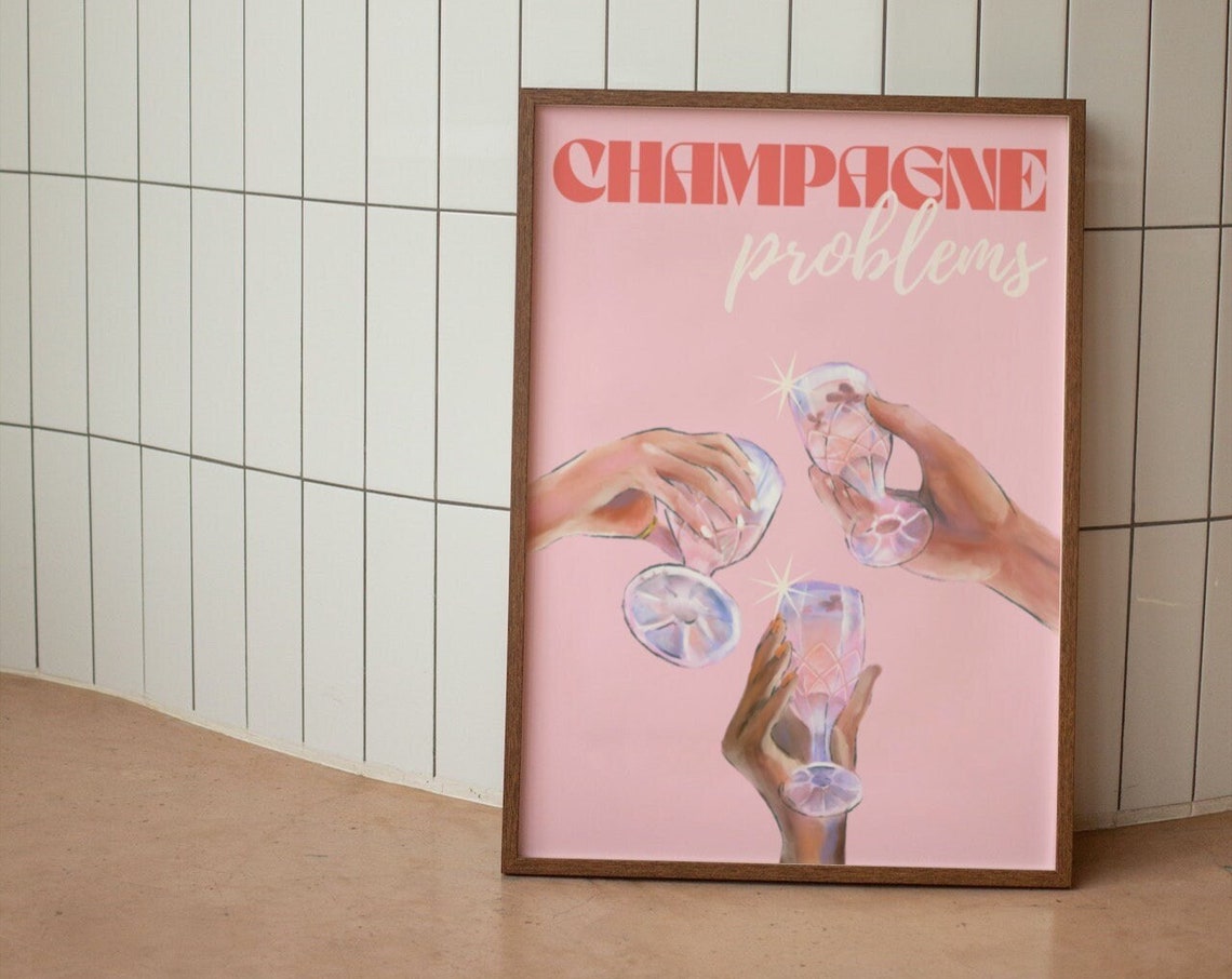 Champagne Problems Pink Cocktail Cheers Retro Bar Cart Decor Poster