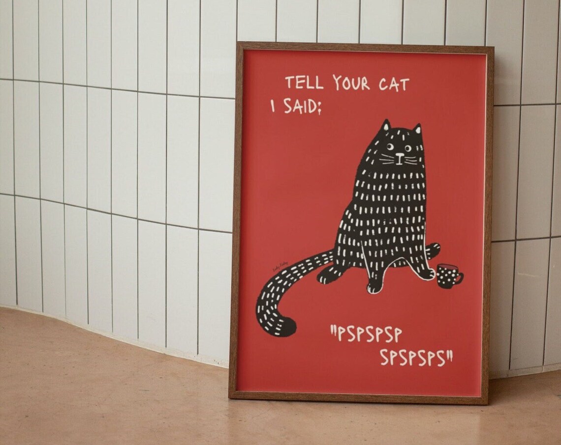 Funny Black Cat Poster, Cute Feline Wall Decor