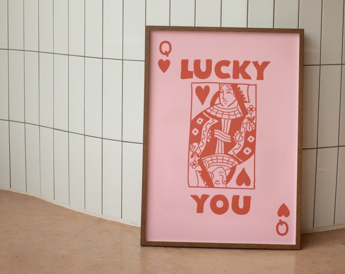 Pink Lucky You Queen Of Hearts Playing Card Retro Charm Wall Print