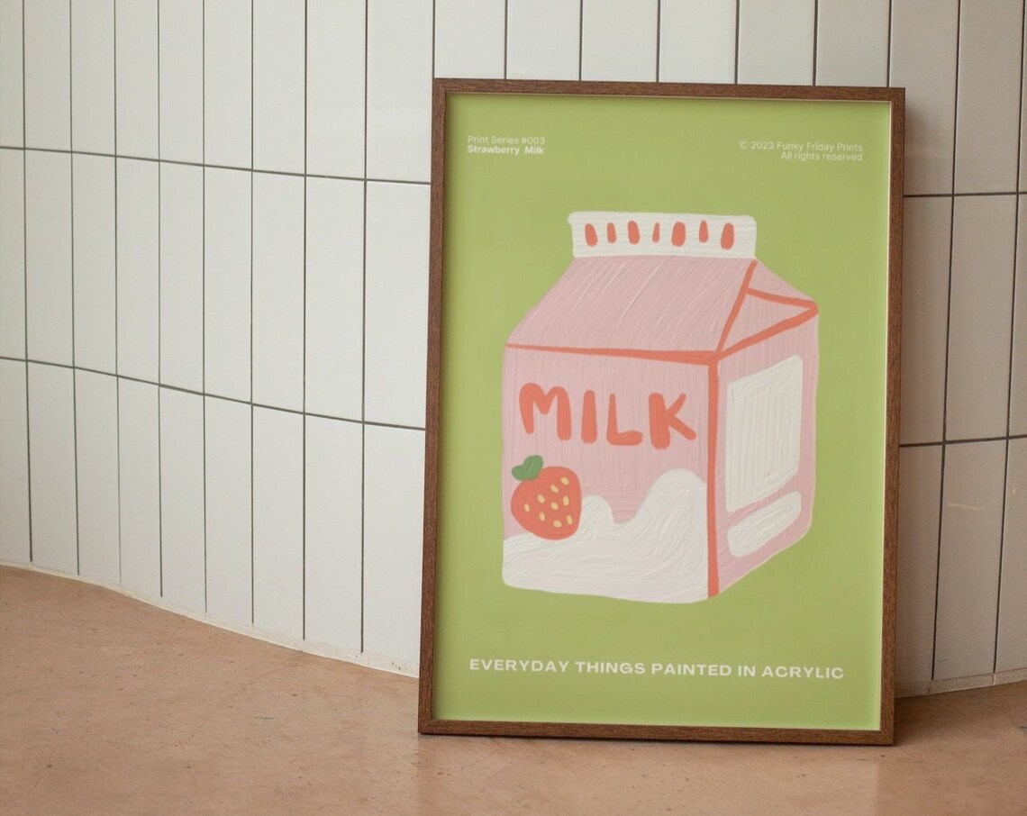 Strawberry Milk Carton Green Retro Acrylic Everyday Things Poster