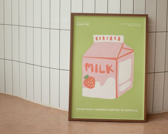 Strawberry Milk Wall Print Retro Kitchen Wall Decor Asian Food Wall Art Funny Acrylic Painting Print Art