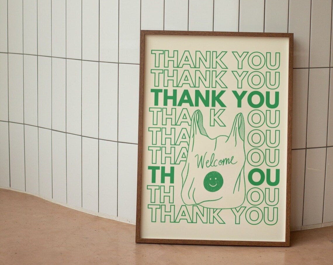 Retro Green Thank You Plastic Shopping Bag Smile Wall Print Decor