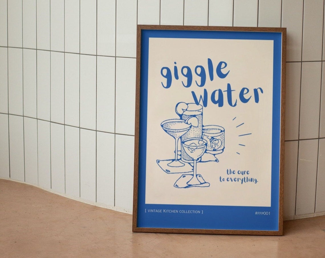 Blue Giggle Water Cocktail Glasses Retro Bar Kitchen Wall Print - Image 2