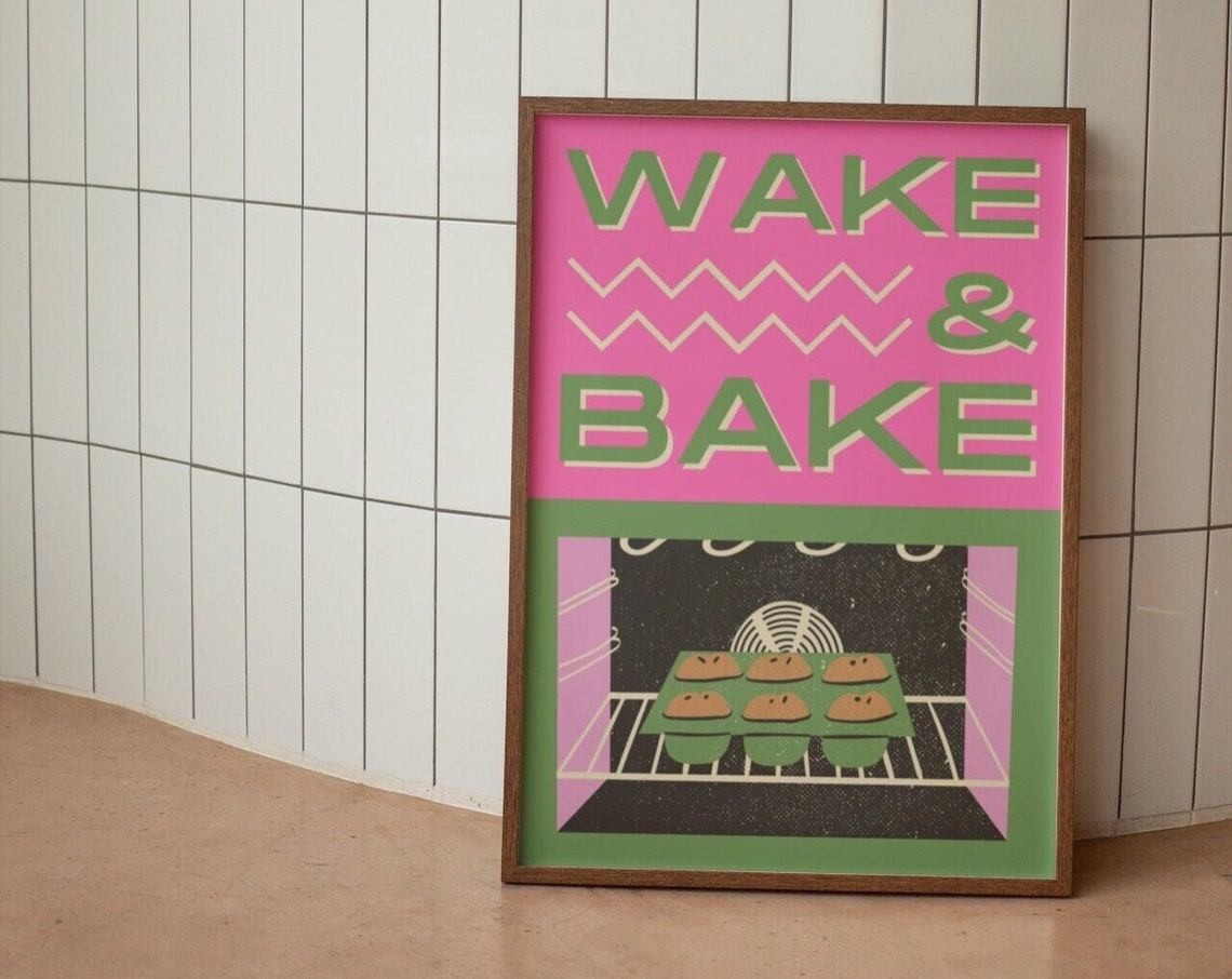 Wake and Bake Cute Oven Muffins Pink Green Retro Kitchen Poster
