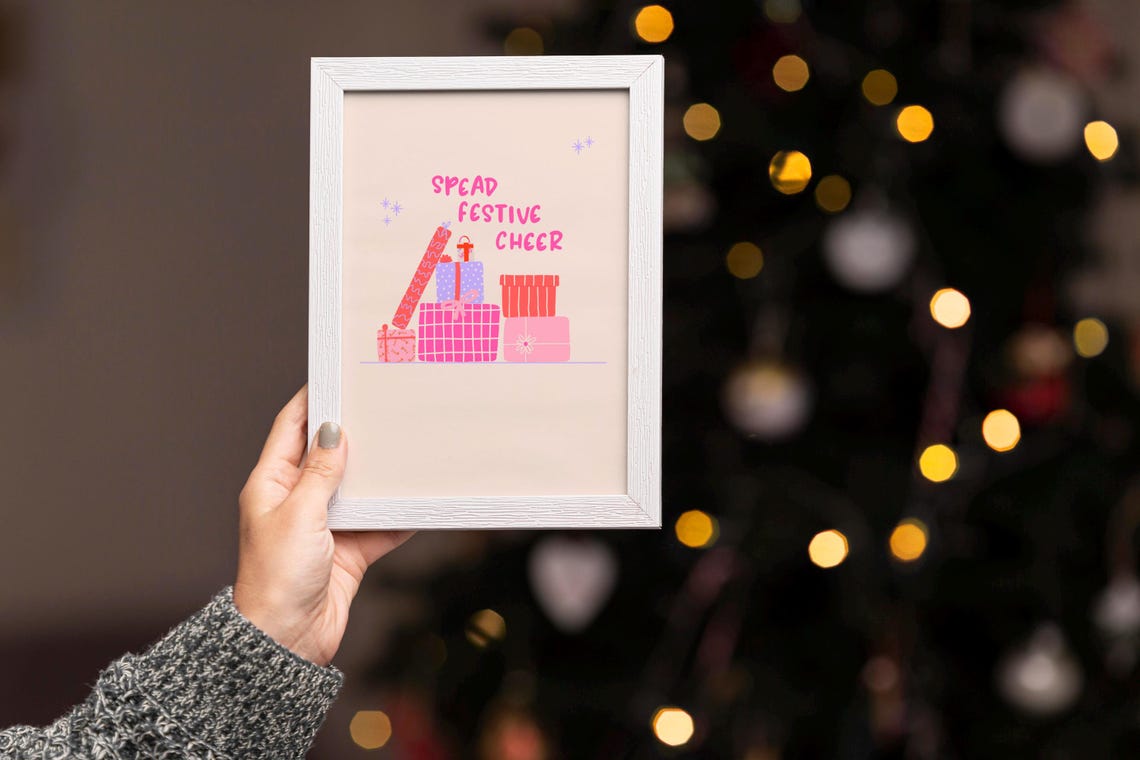 Spread Festive Cheer Poster Pink Gift Boxes Christmas Holiday Decor - Image 2