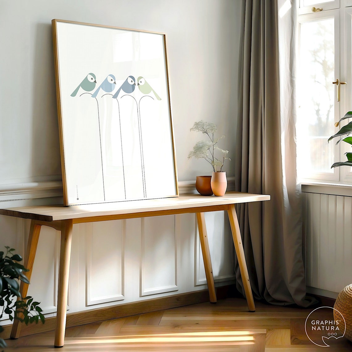 Blue Bird Quintet Poster Minimalist Perched Birds Modern Artwork - Image 2