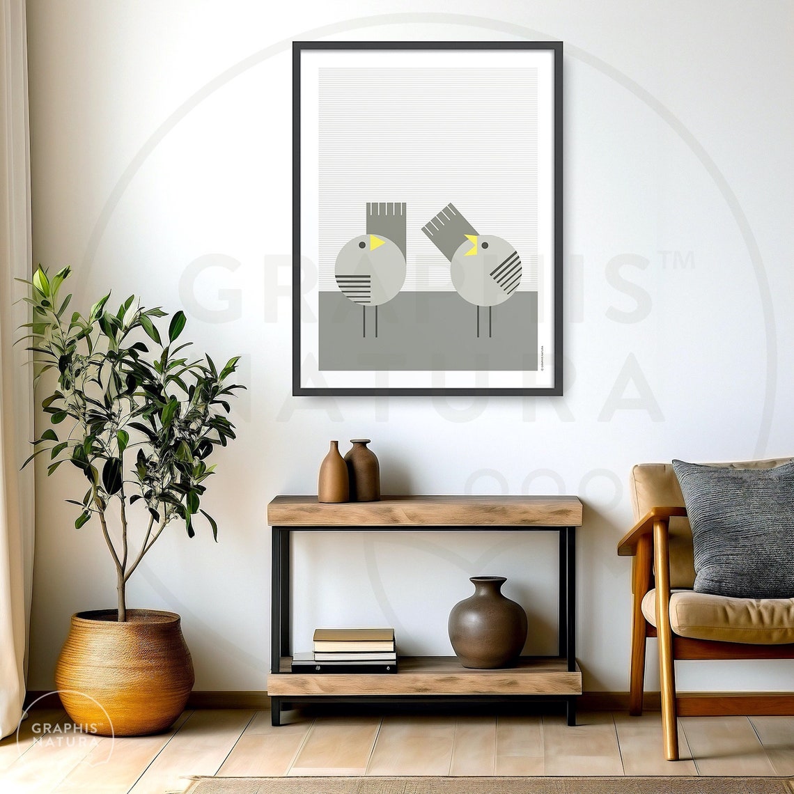 Gray Geometric Bird Duo Poster Minimalist Mid Century Pair Art - Image 4