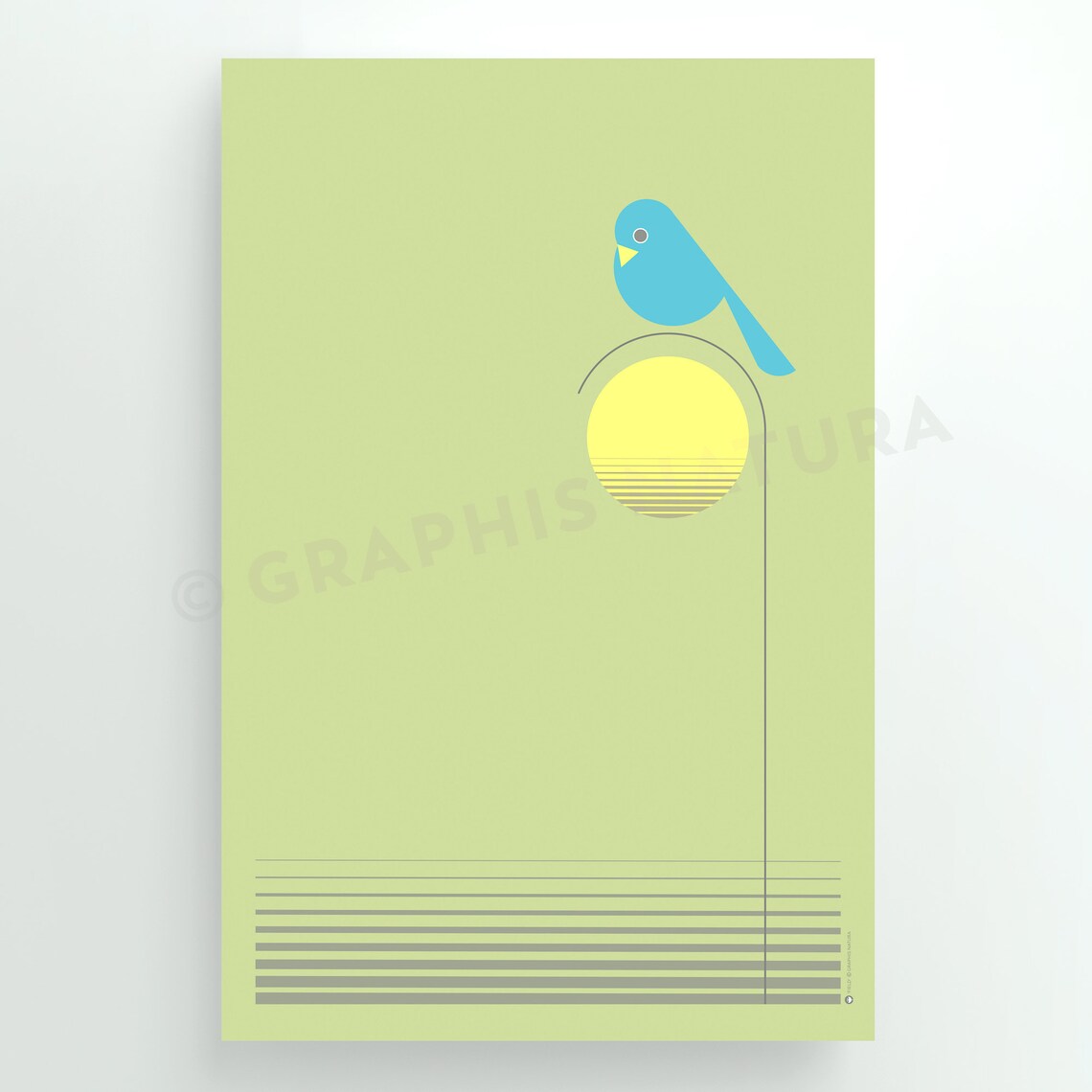 Gray Bird With Yellow Sun on White Minimalist Nature Art Poster - Image 2