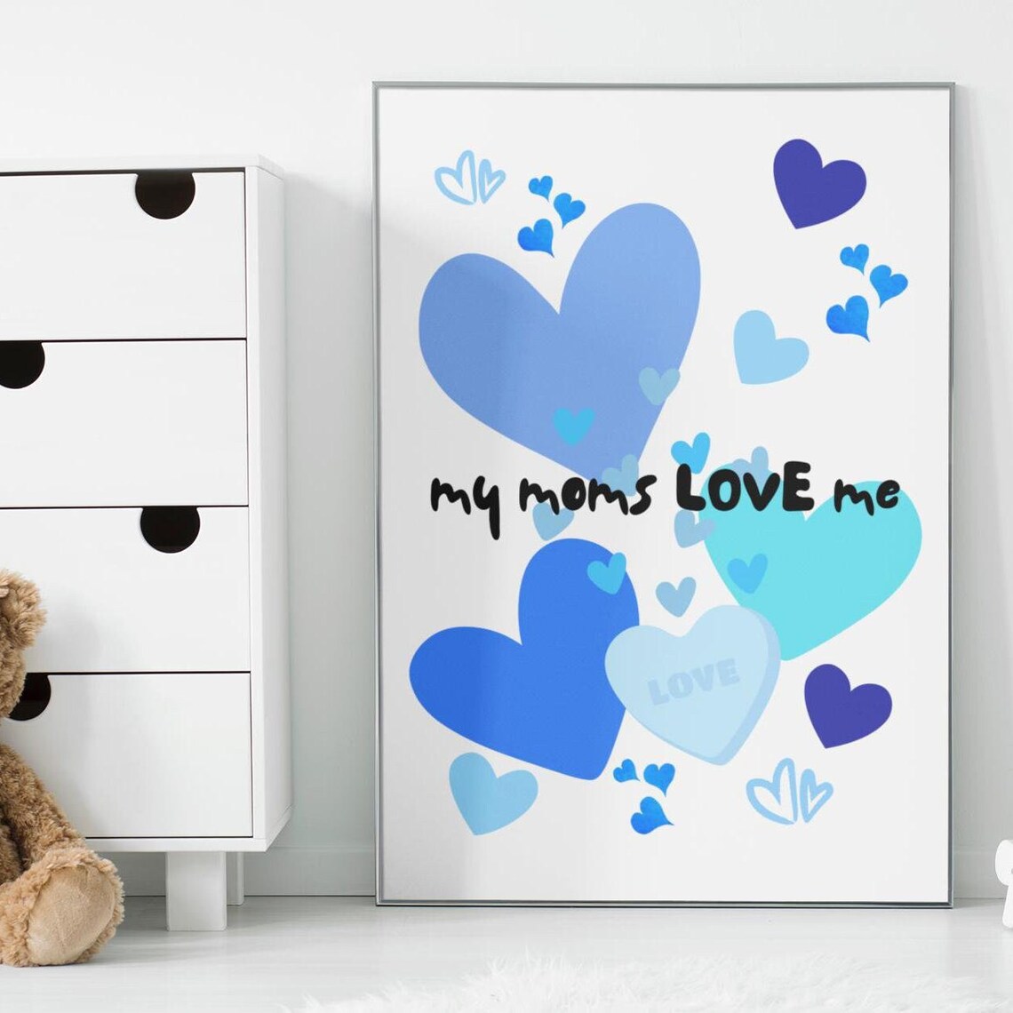 My Moms Love Me Blue Hearts Nursery Kids Room Decor Wall Art