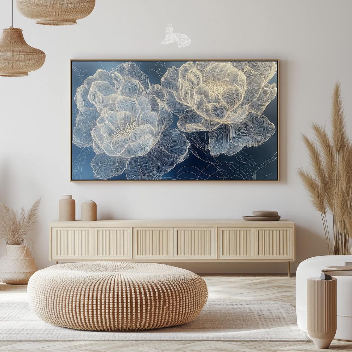 White Line Art Peony Flowers Glowing On Navy Blue Dark Floral Poster - Image 2