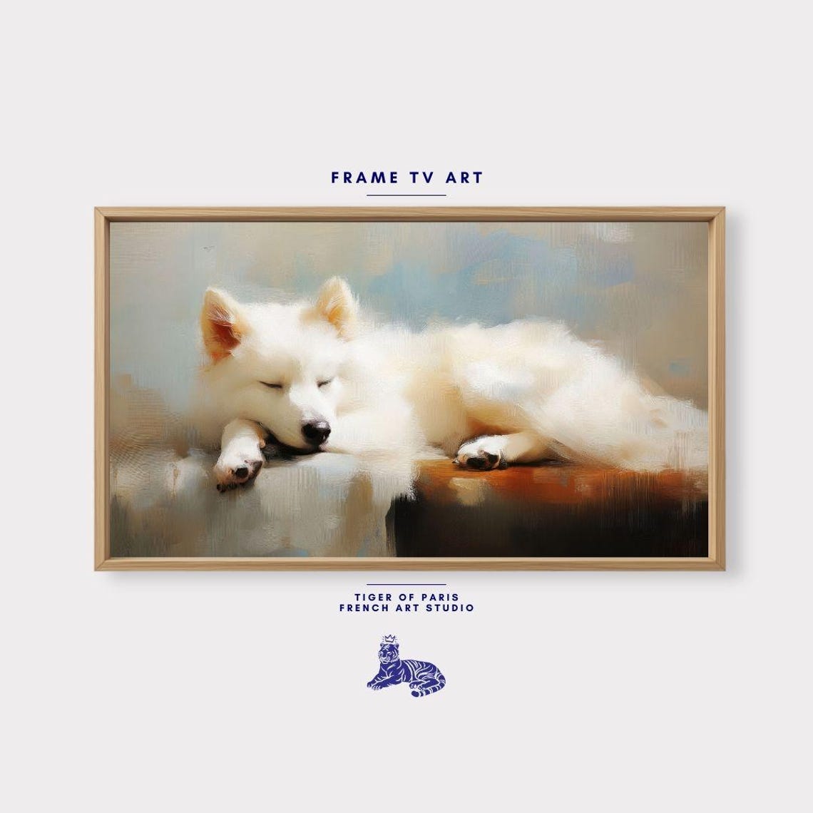 Sleeping White Fluffy Dog On Cozy Sofa Peaceful Puppy Nap Print