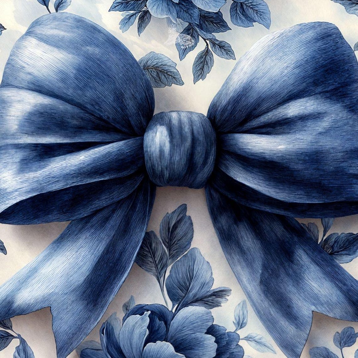 Navy Blue Bow Blue Floral Watercolor Coquette Romantic Ribbon Wall Art - Image 4