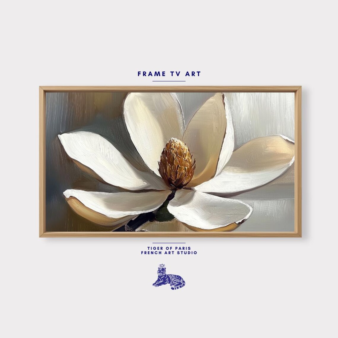 Elegant White Magnolia Bloom Oil Painting Neutral Gray Floral Wall Art