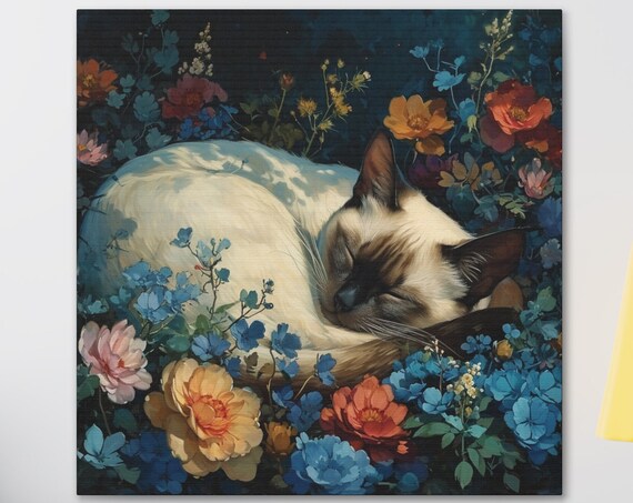 Siamese Cat Sleeping in Blue and Orange Night Wildflowers Poster