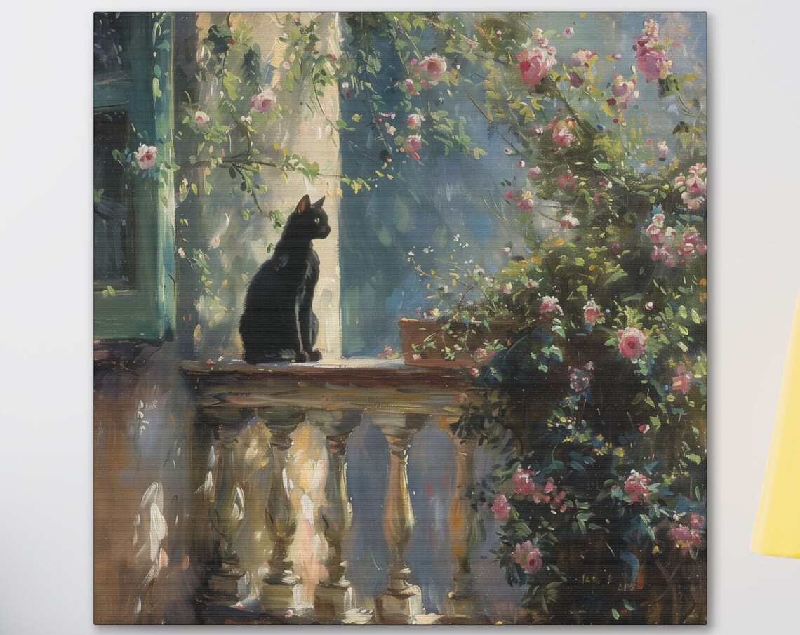 Black Cat on Garden Balcony Among Pink Climbing Roses Painting Poster