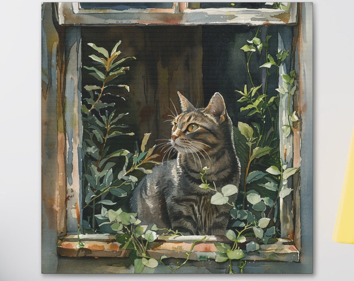 Tabby Cat Sitting in a Rustic Window Surrounded by Plants Poster