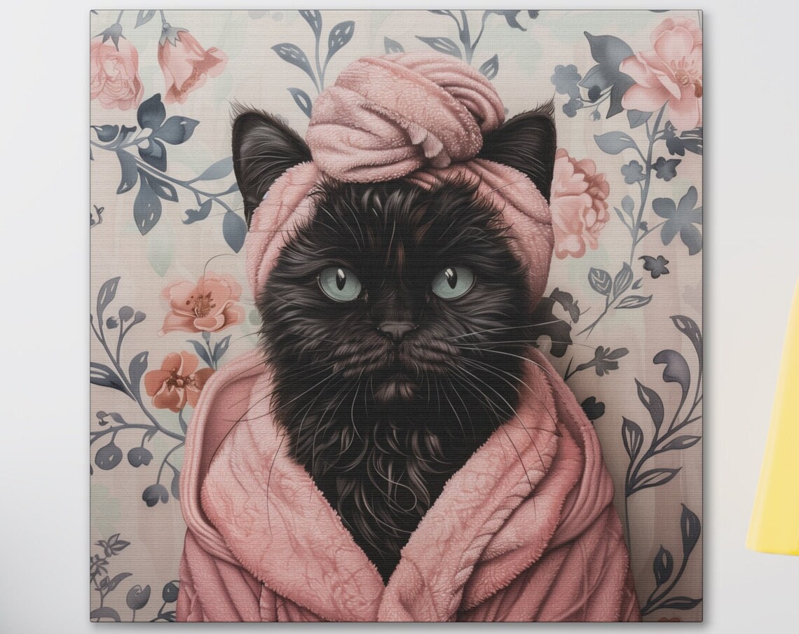Black Cat In Pink Bathrobe And Towel Turban Bathroom Funny Poster