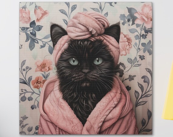 Black Cat In Pink Bathrobe And Towel Turban Bathroom Funny Poster
