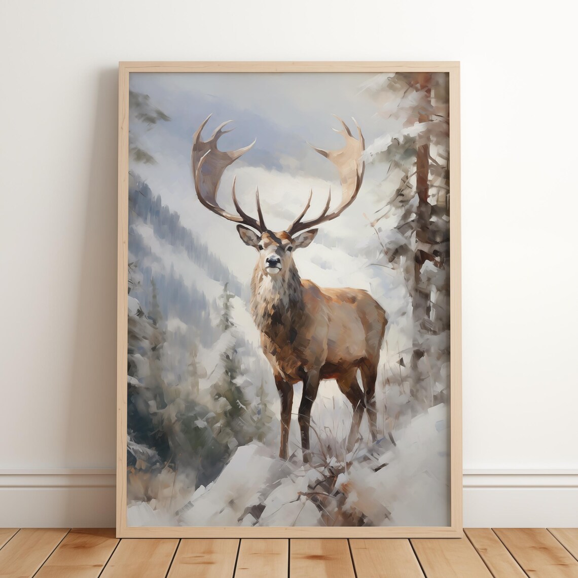 Majestic Stag with Large Antlers in Snowy Mountains Painting Poster