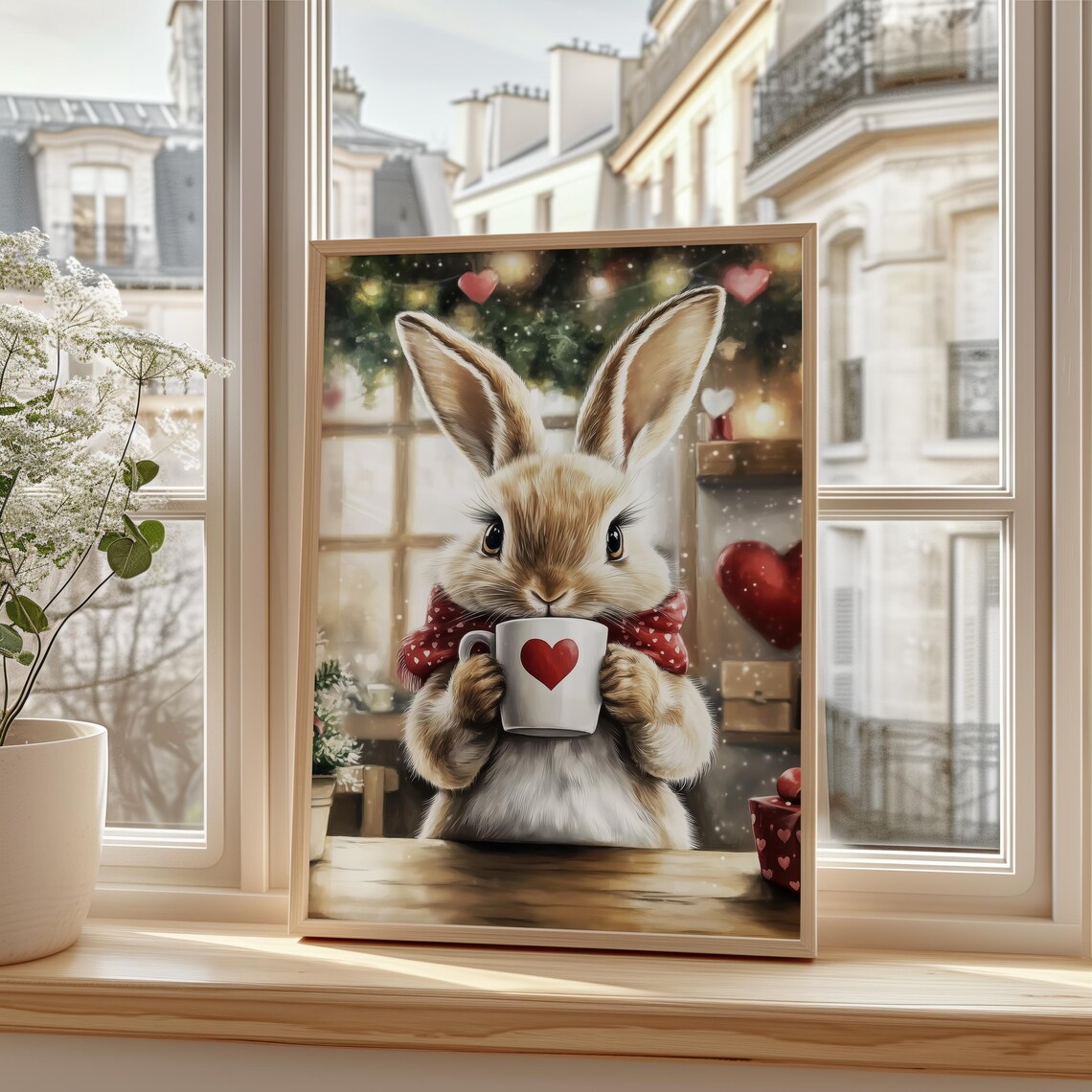 Adorable Bunny in Heart Scarf Sipping Cocoa Christmas Cafe Poster - Image 3