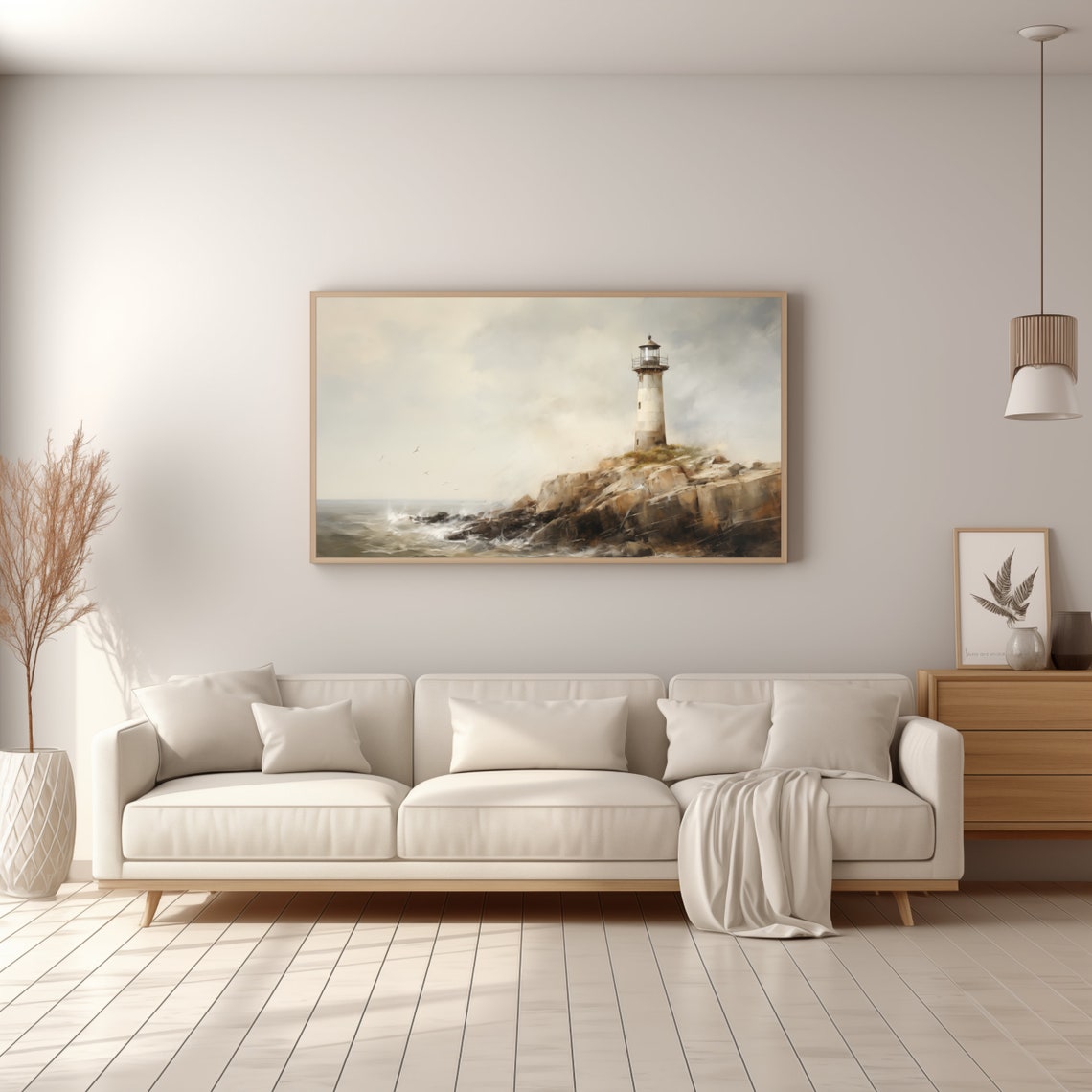 Lighthouse on Rocky Cliff Seascape Frame TV Art Painting Poster - Image 3