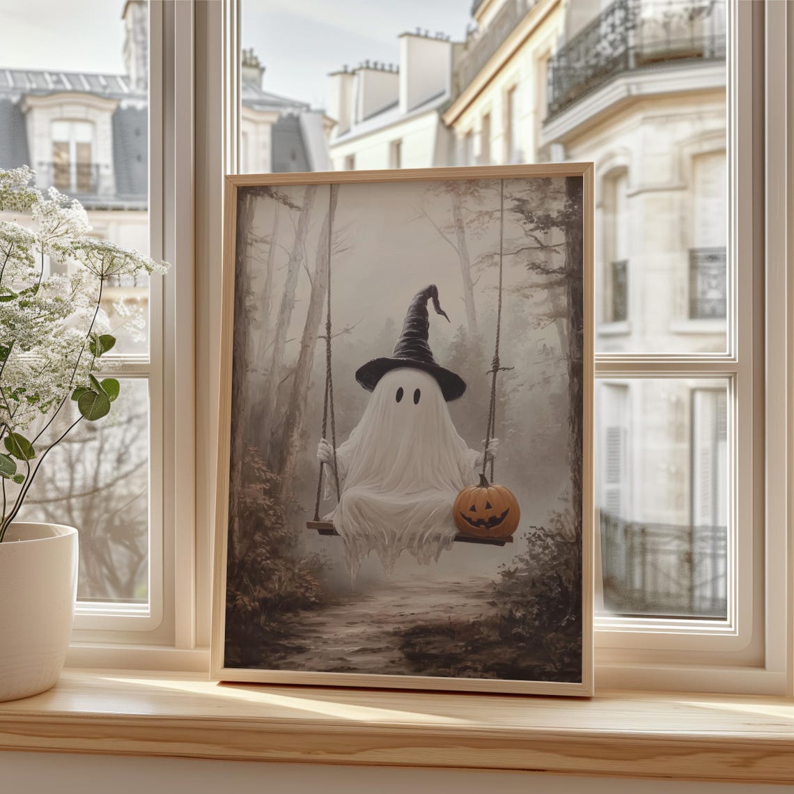 Cute Halloween Ghost On The Swing Print Vintage Spooky Forest Halloween Wall Art Gothic Fall Painting - Image 4