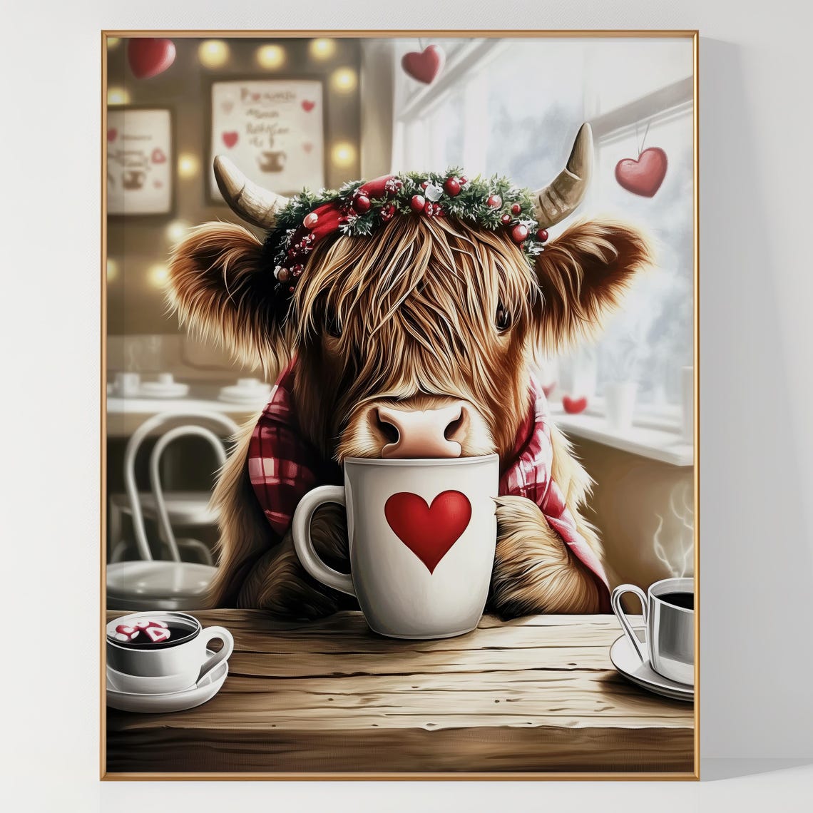 Highland Cow Berry Crown Sipping Hot Cocoa in Cozy Cafe Poster