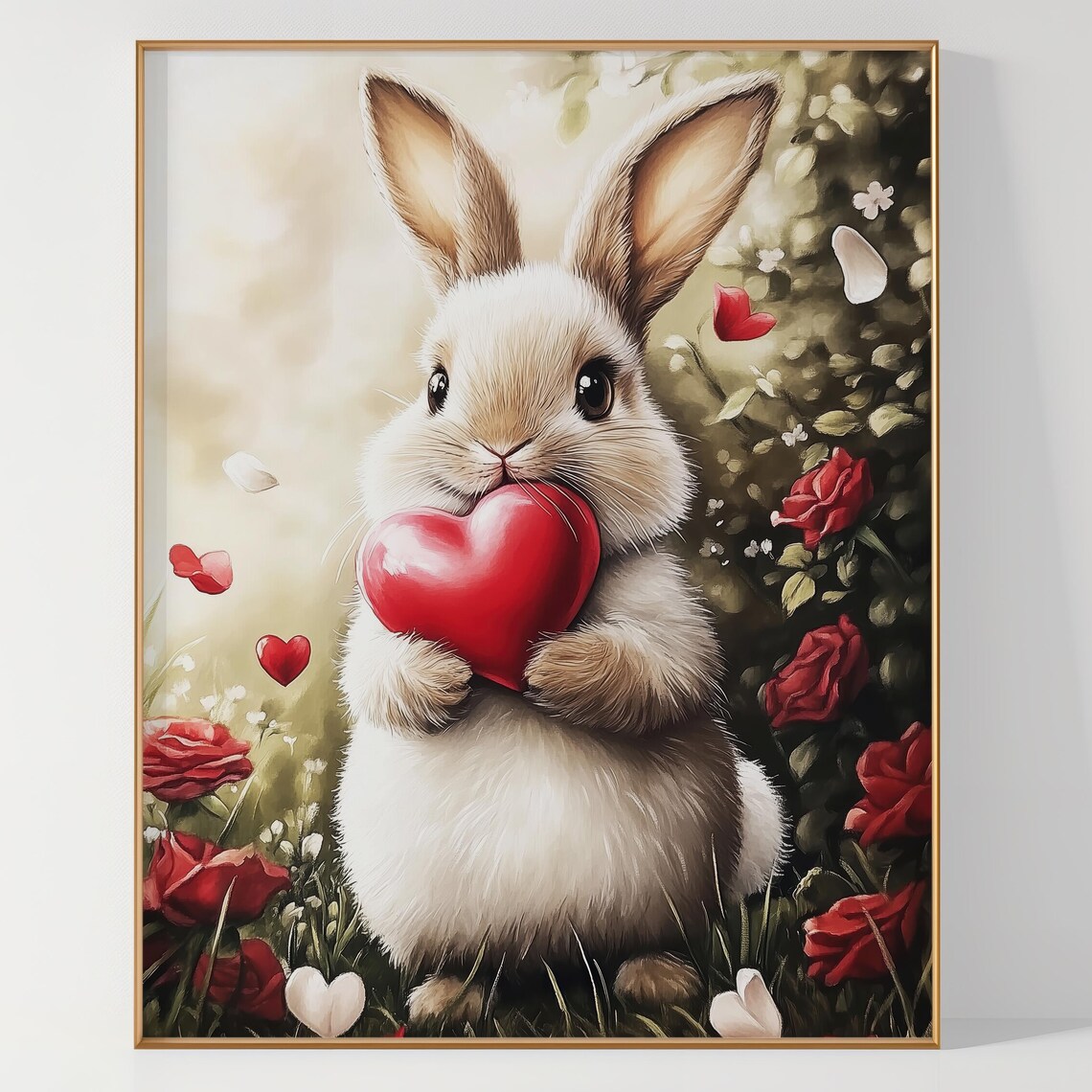 White Bunny Hugging Red Heart in Blooming Rose Garden Poster