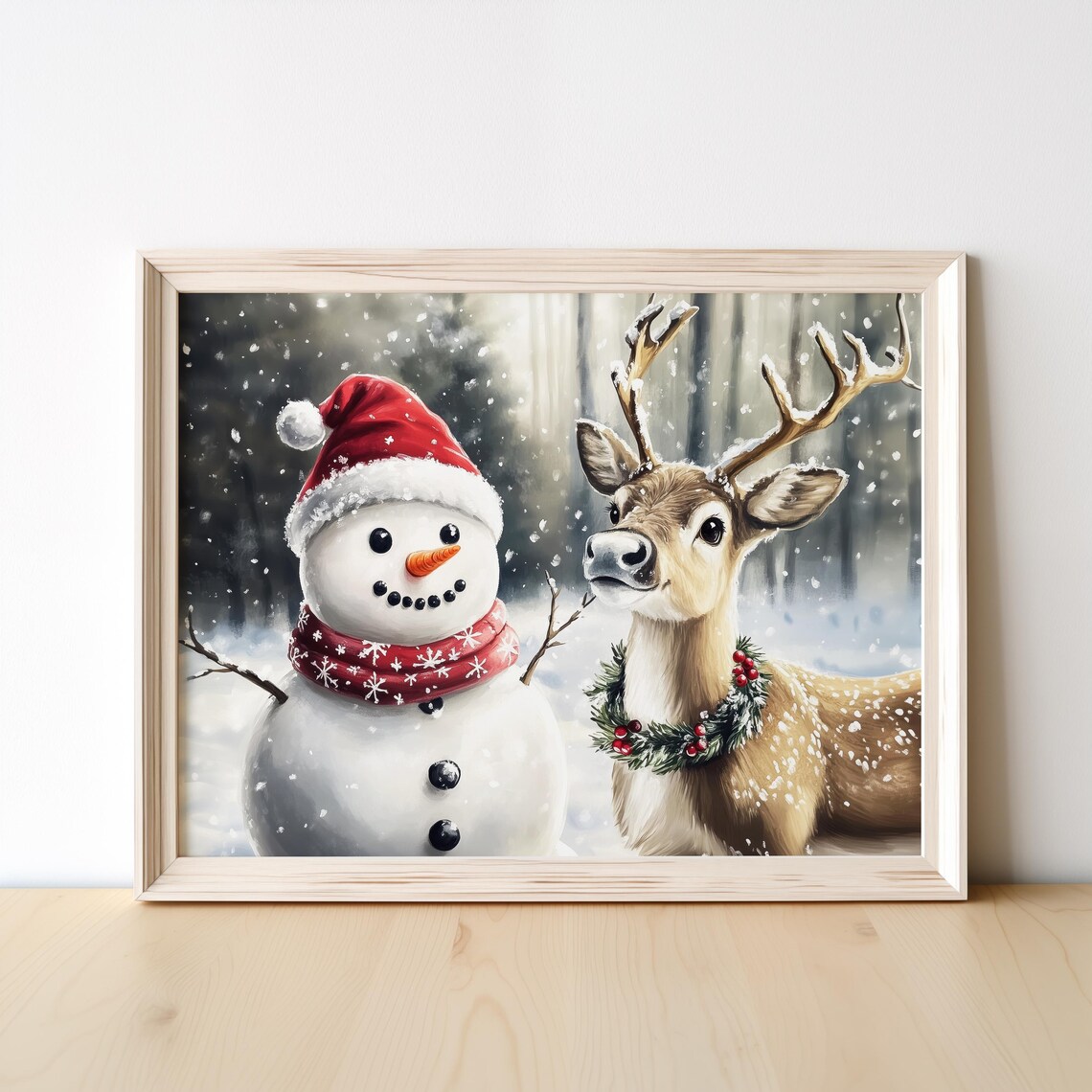 Snowman and Reindeer Friends in Snowy Forest Christmas Art Poster - Image 4