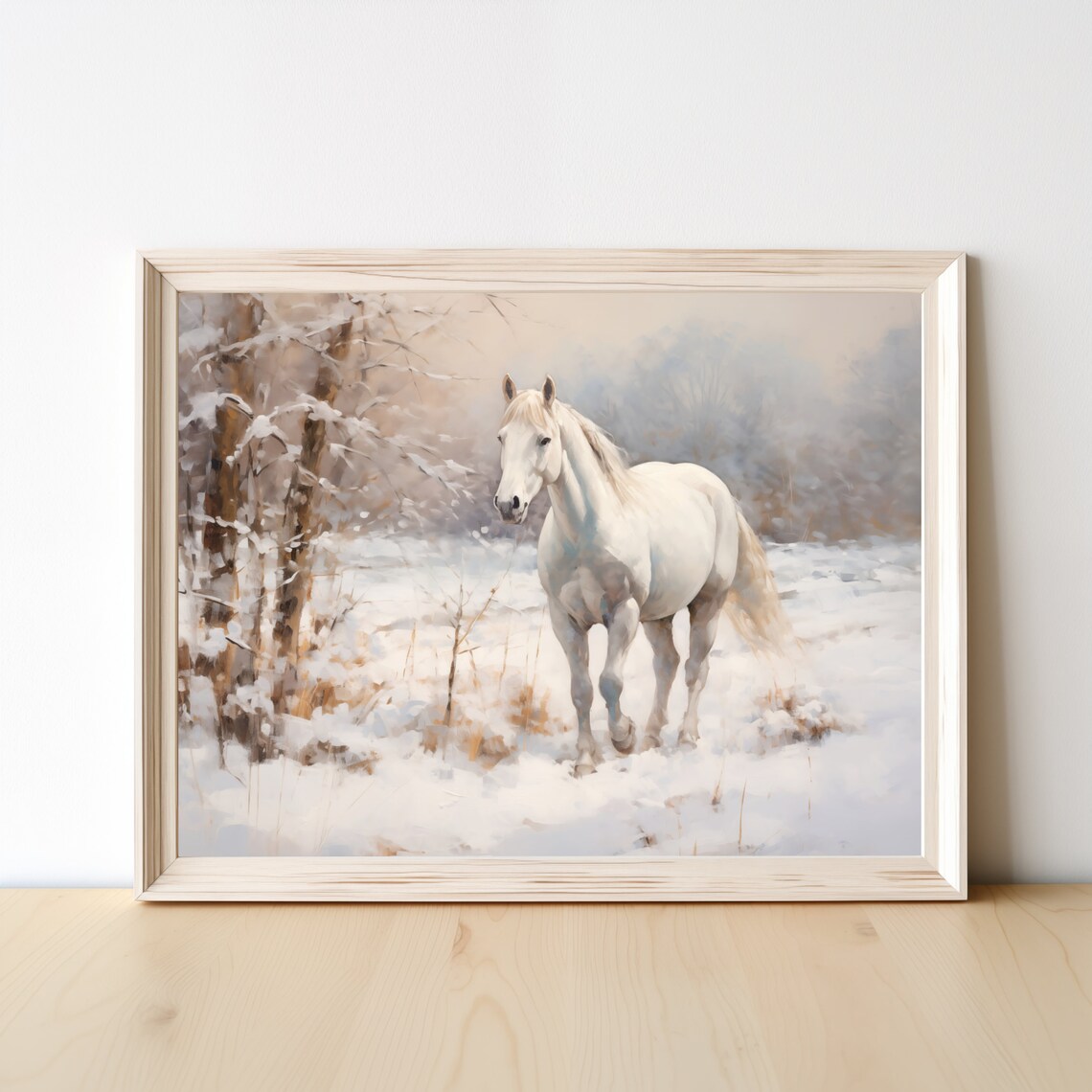 White Horse in a Snowy Forest Winter Landscape Painting Poster - Image 3