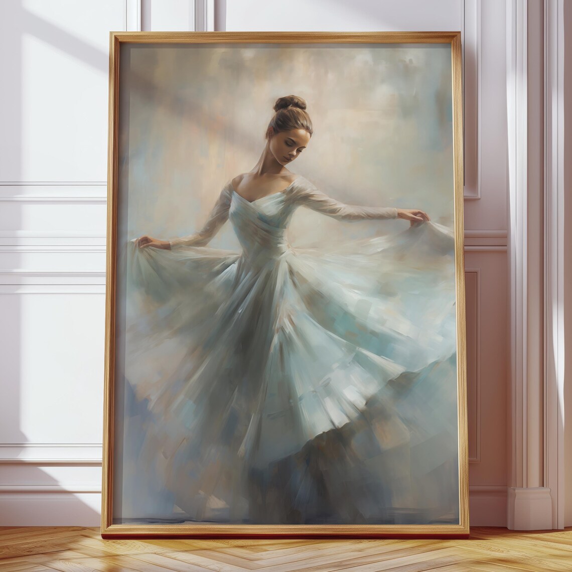 Ballerina in a Flowing White Dress Dancing Oil Painting Poster - Image 3