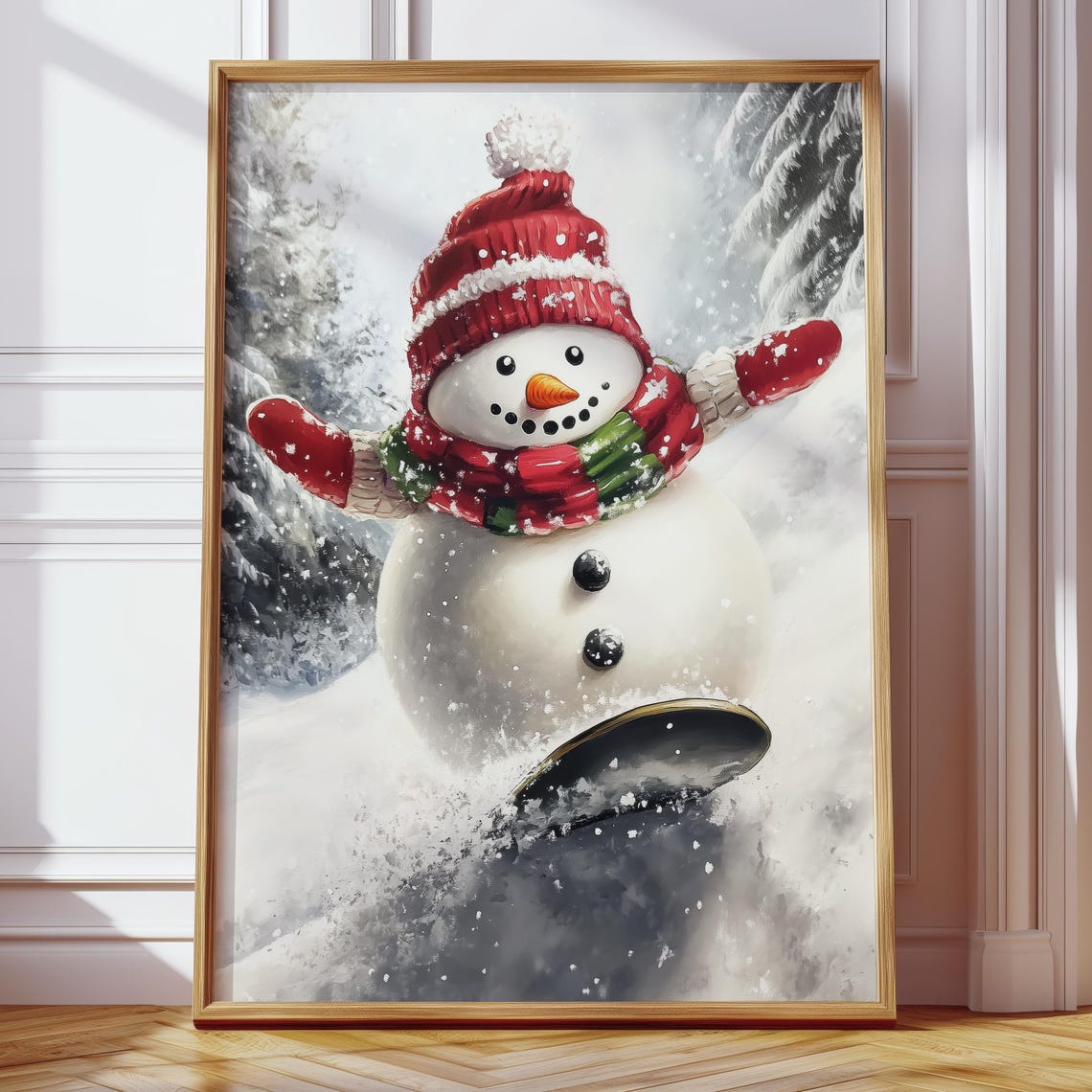 Cheerful Snowman Snowboarding Down a Powdery Winter Slope Poster - Image 4