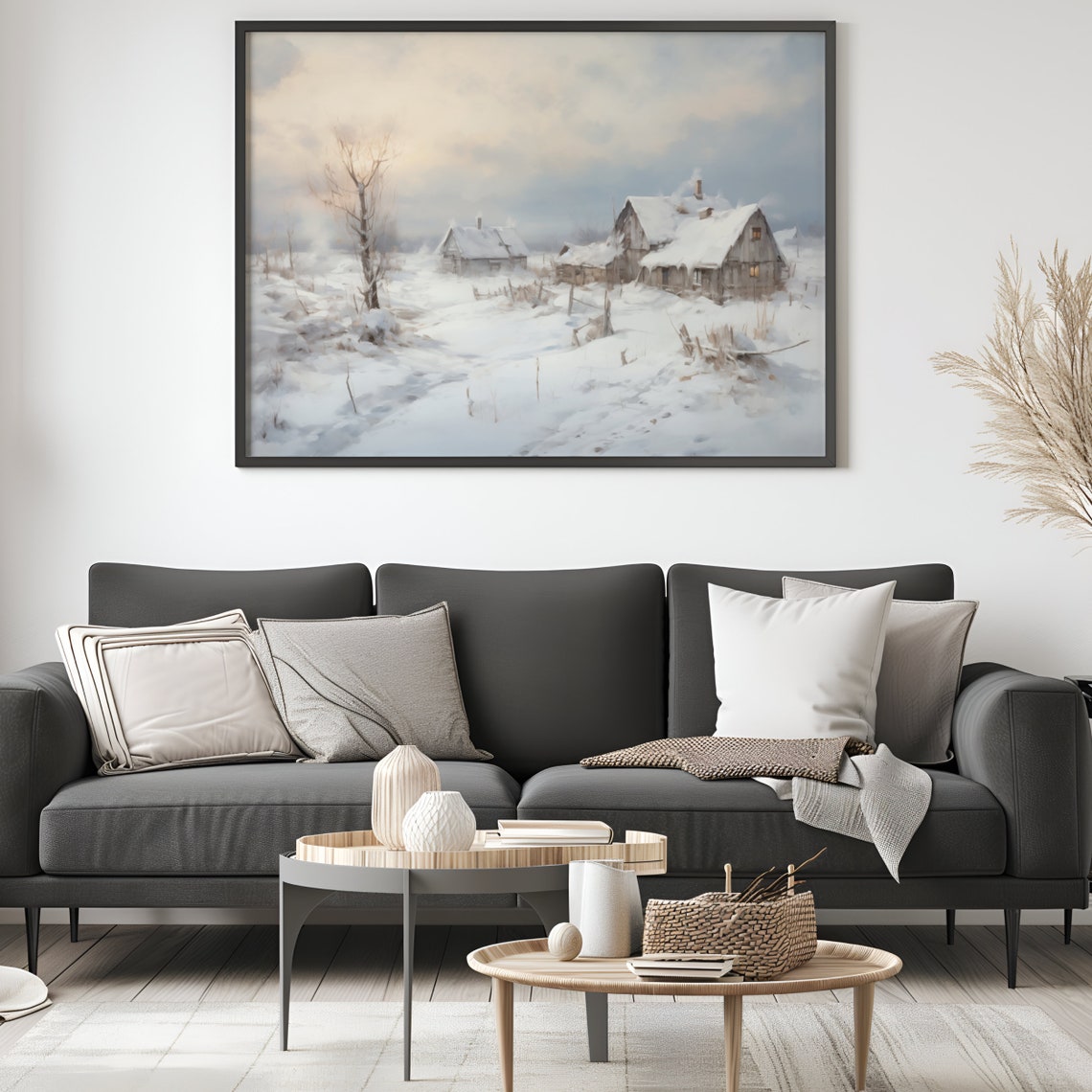 Snowy Village with Cozy Cottages Winter Landscape Painting Poster - Image 2