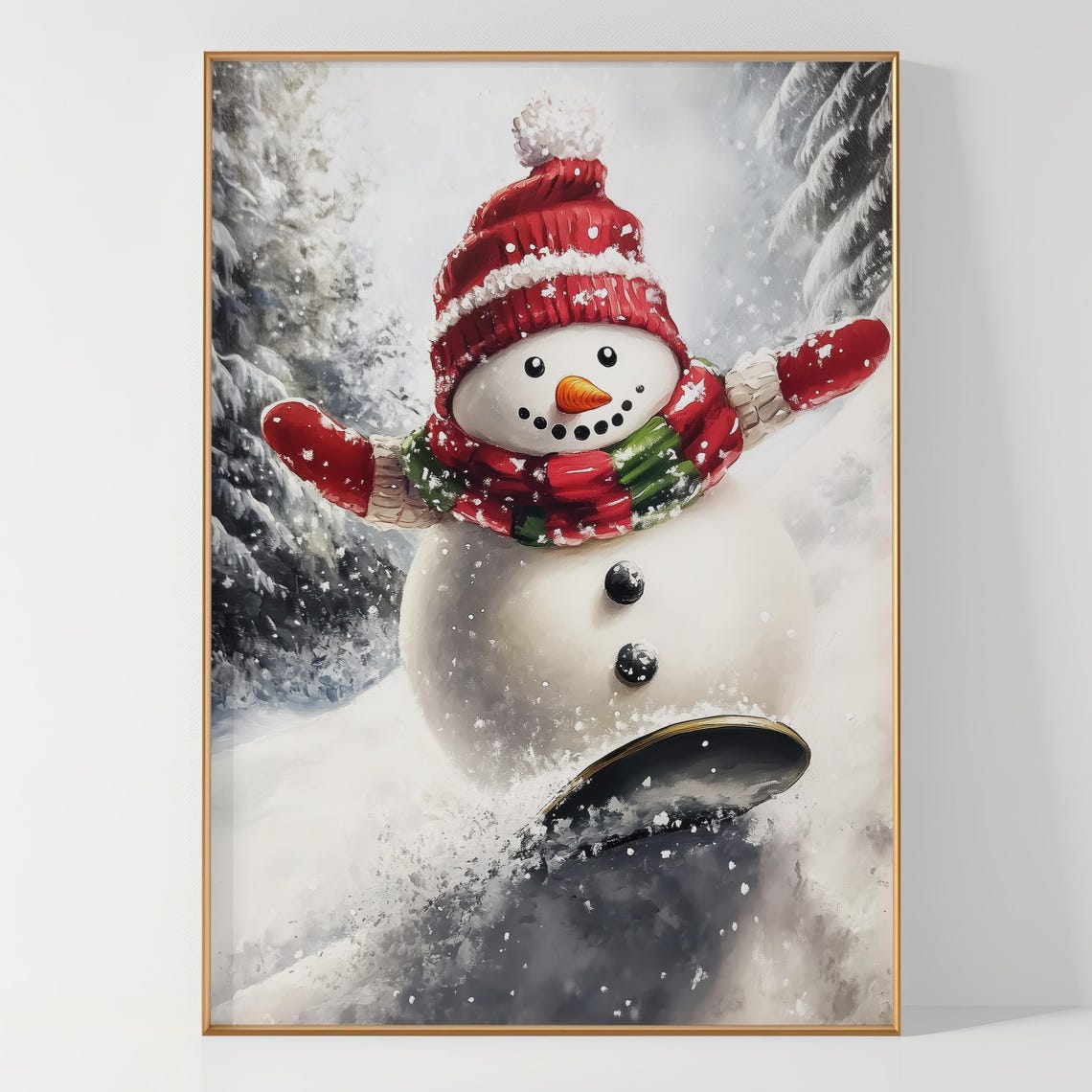 Cheerful Snowman Snowboarding Down a Powdery Winter Slope Poster