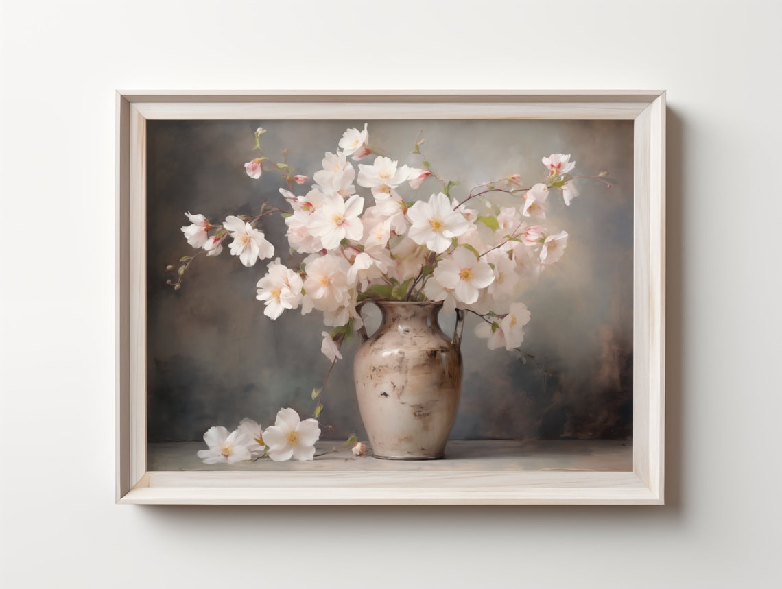 Cherry Blossoms in Vintage Vase Still Life Floral Painting Poster
