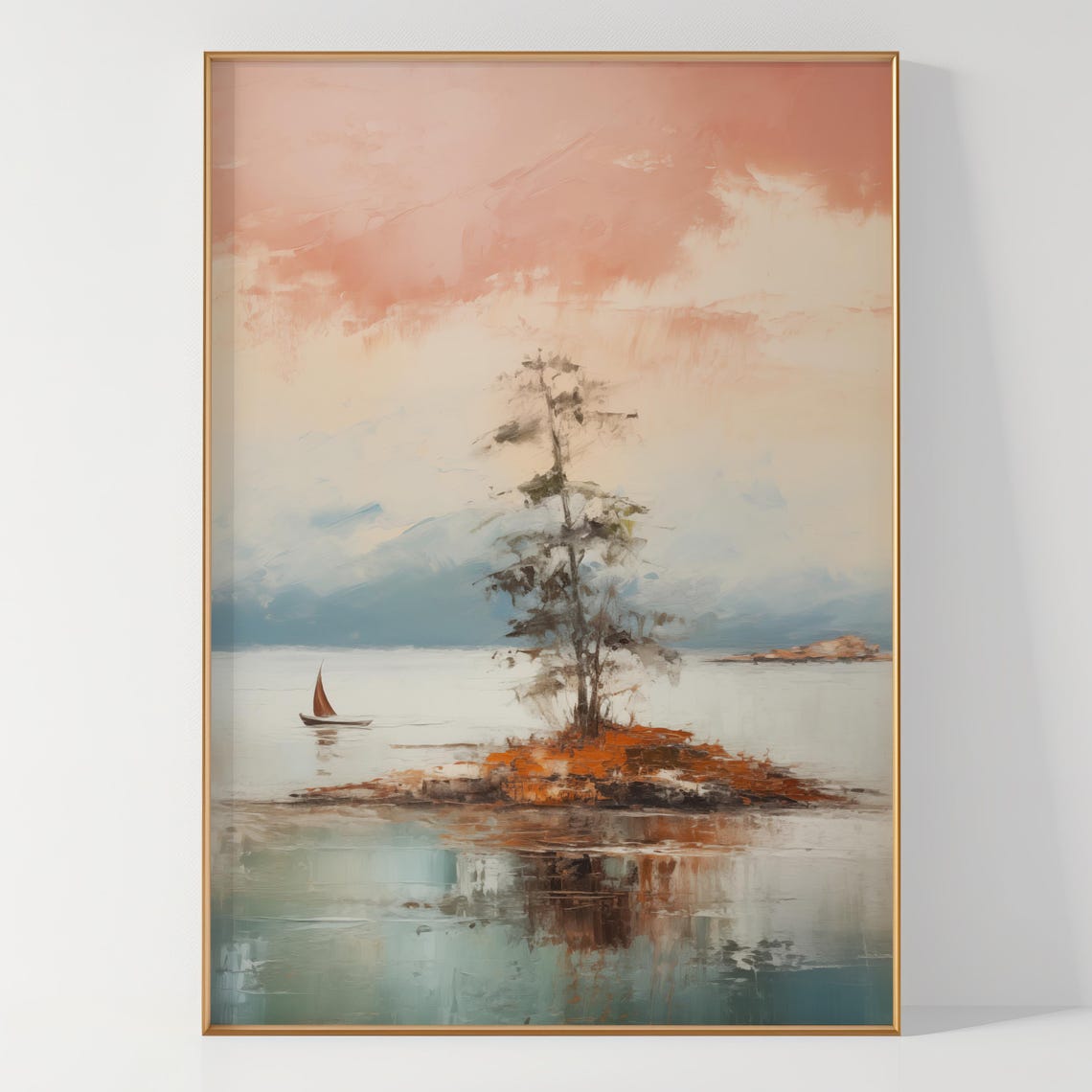 Lone Tree on a Small Island with Sailboat at Sunset Lake Poster