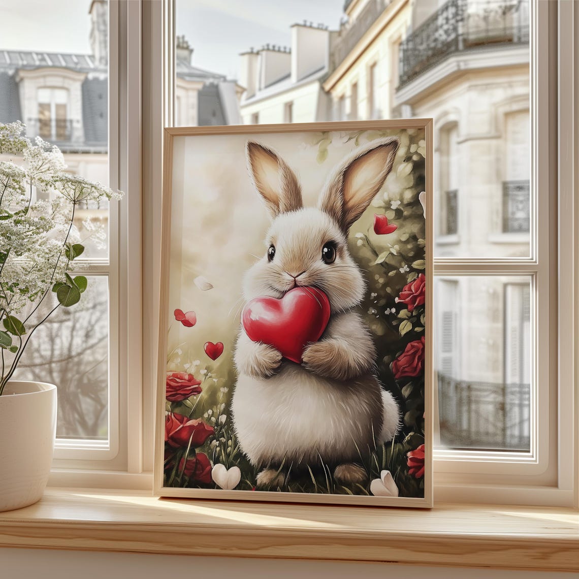 White Bunny Hugging Red Heart in Blooming Rose Garden Poster - Image 3