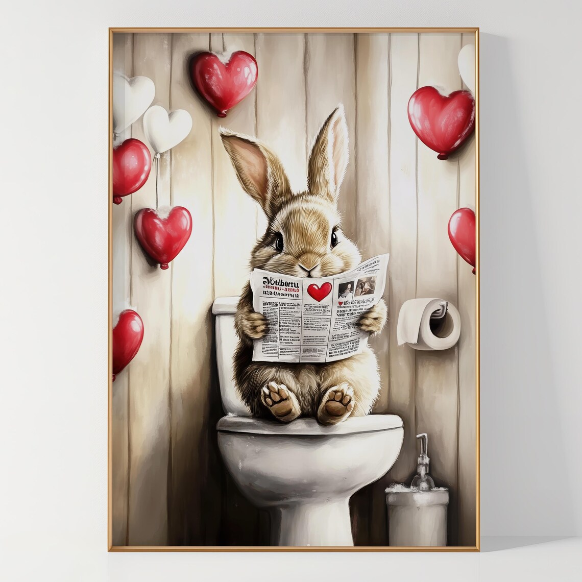 Funny Bunny on Toilet Reading Newspaper Valentine Humor Poster