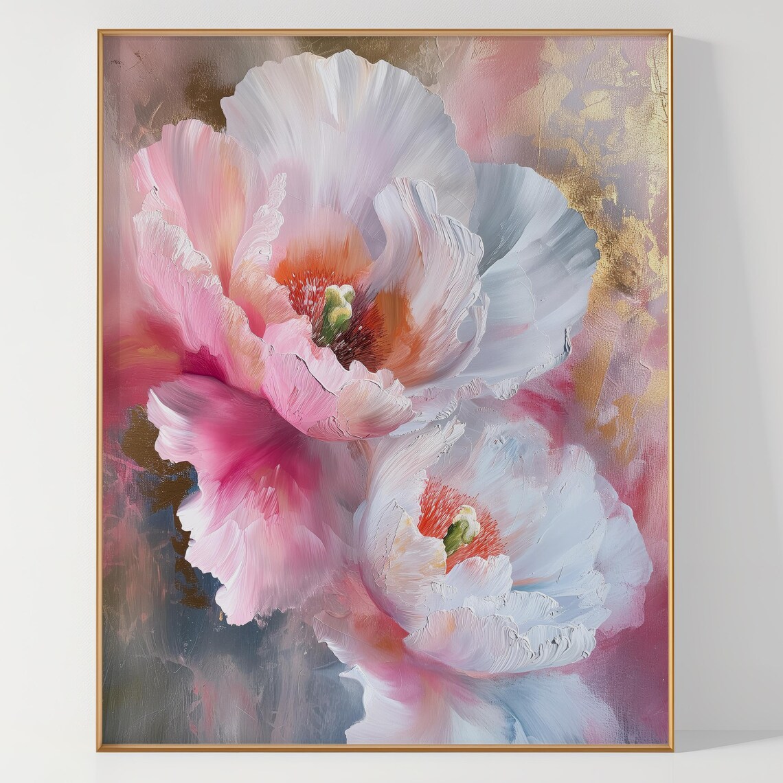 Pink and White Peony Blossoms Gold Accent Oil Painting Poster