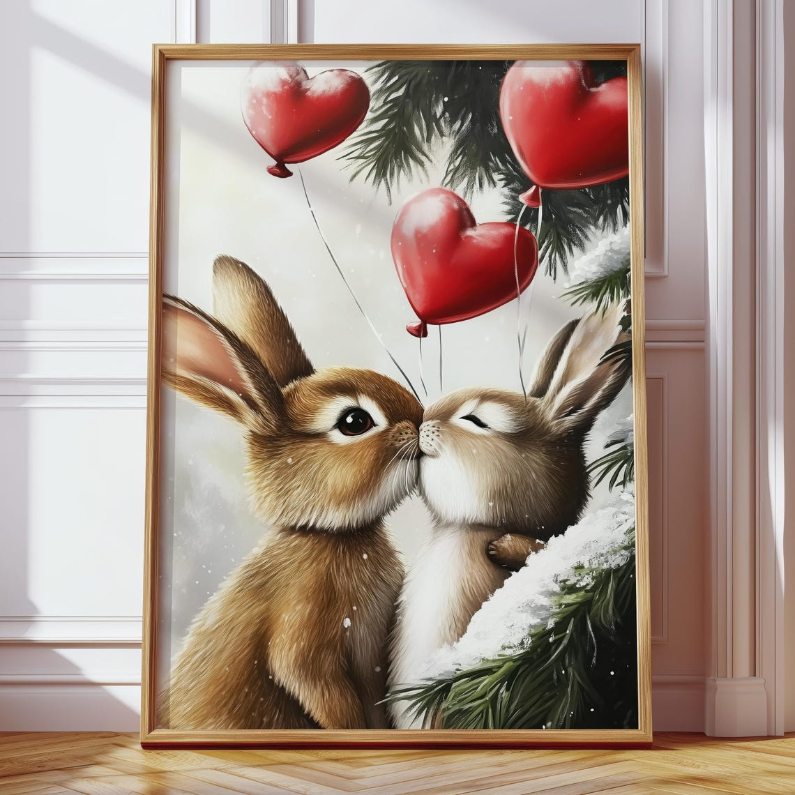 Kissing Bunny Couple With Red Heart Balloons Winter Art Poster - Image 4