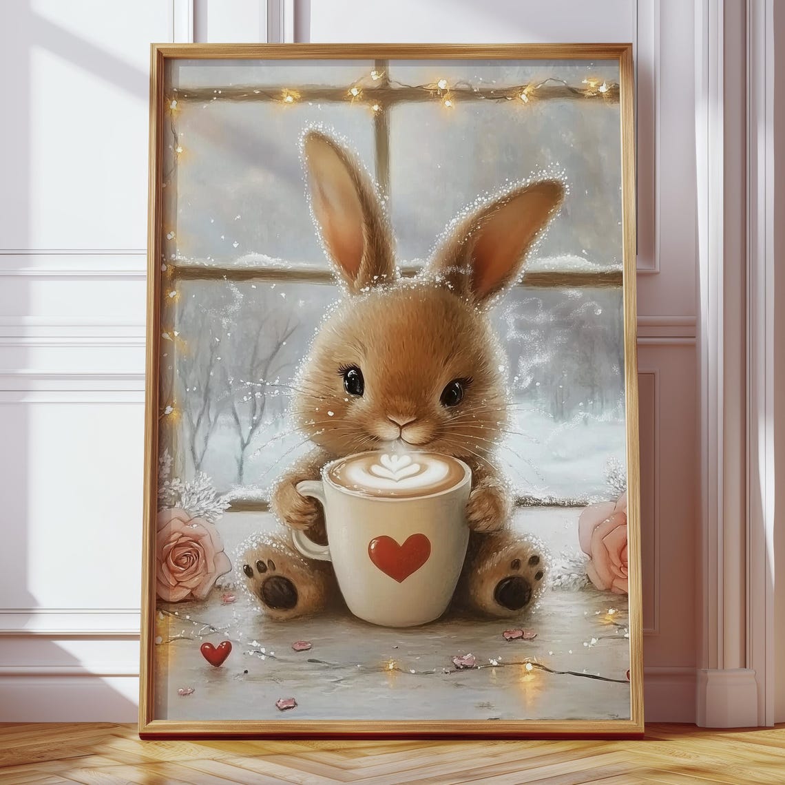 Cute Bunny with Latte by Snowy Window Valentine Coffee Poster - Image 4